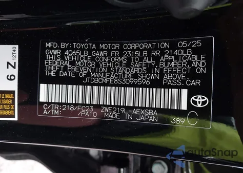 2025 Toyota Corolla Hybrid Se from USA, damaged, VIN JTDBCMFE8S3099596